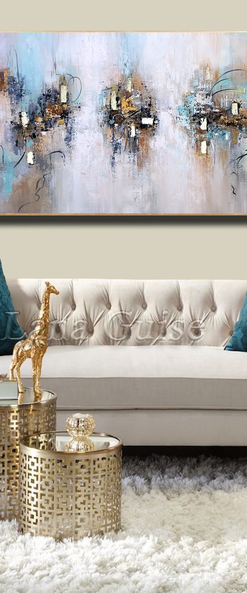 Harmony - Abstract Painting 60" x 30" Large Abstract Gold Leaf Soft Colors White Gray Painting by Lana Guise