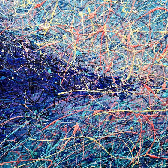 Foggy morning abstraction Blue sky Sea abstract painting - ROLLED - 38" X 65" / 95 X 165 cm. Large painting Pollock style