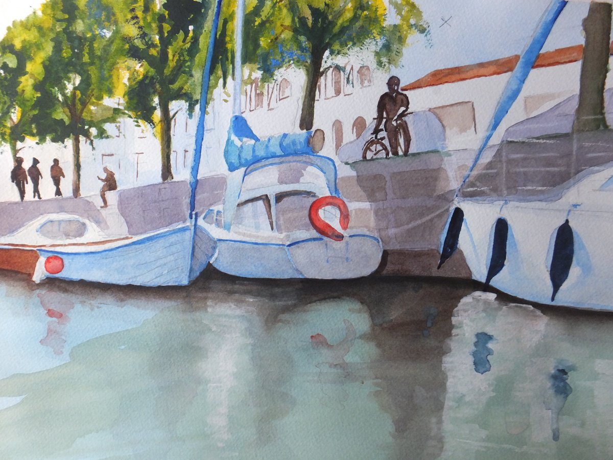 Photorealistic Watercolour , Copenhagen Canalside By David Harmer, 20 X 16, Artwork For Sale On Artfinder