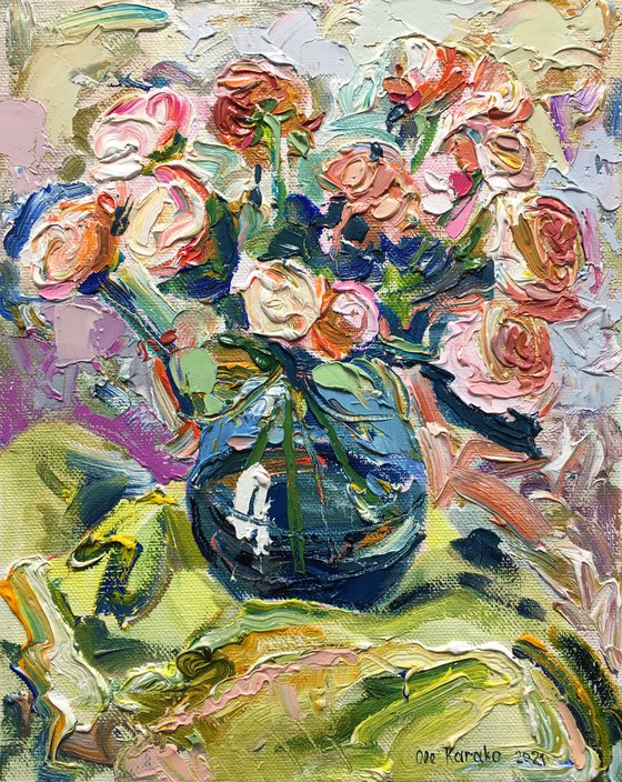 Pink Roses on Blue Vase