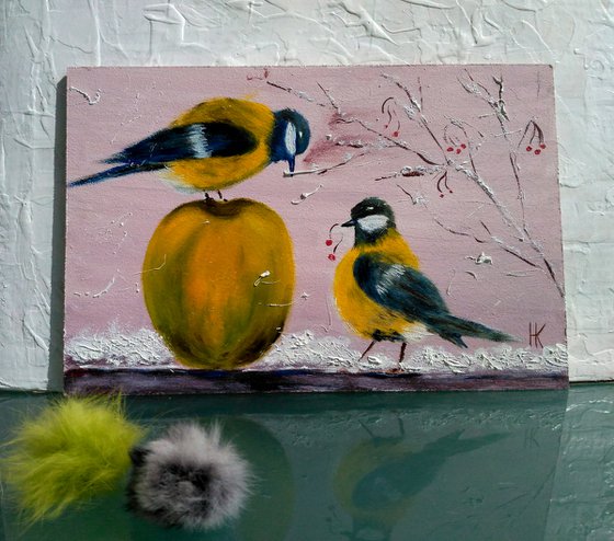 Chickadee Painting Bird Original Art Small Oil Artwork Titmouse Home Wall Art 12 by 8" by Halyna Kirichenko