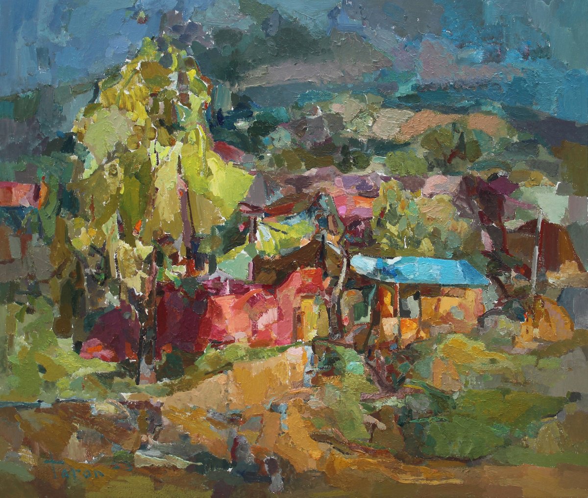 Abstract Landscape Oil Painting By Taron Khachatryan, 26 X 22", Summer Peaceful, Original Artwork