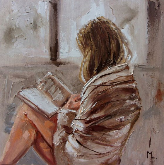" EVENING WITH BOOK " original painting BOOK LOVER window coffee palette knife GIFT autumn
