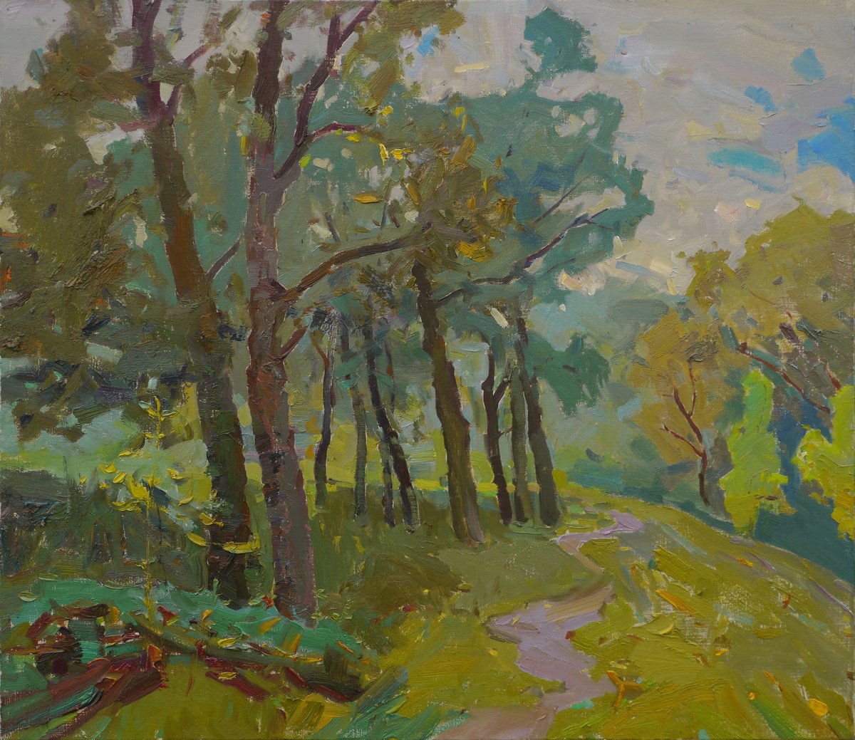 Impressionistic Landscape Oil Painting By Victor Onyshchenko, 31 X 28", Autumn. Trees On The Lawn, Original Artwork
