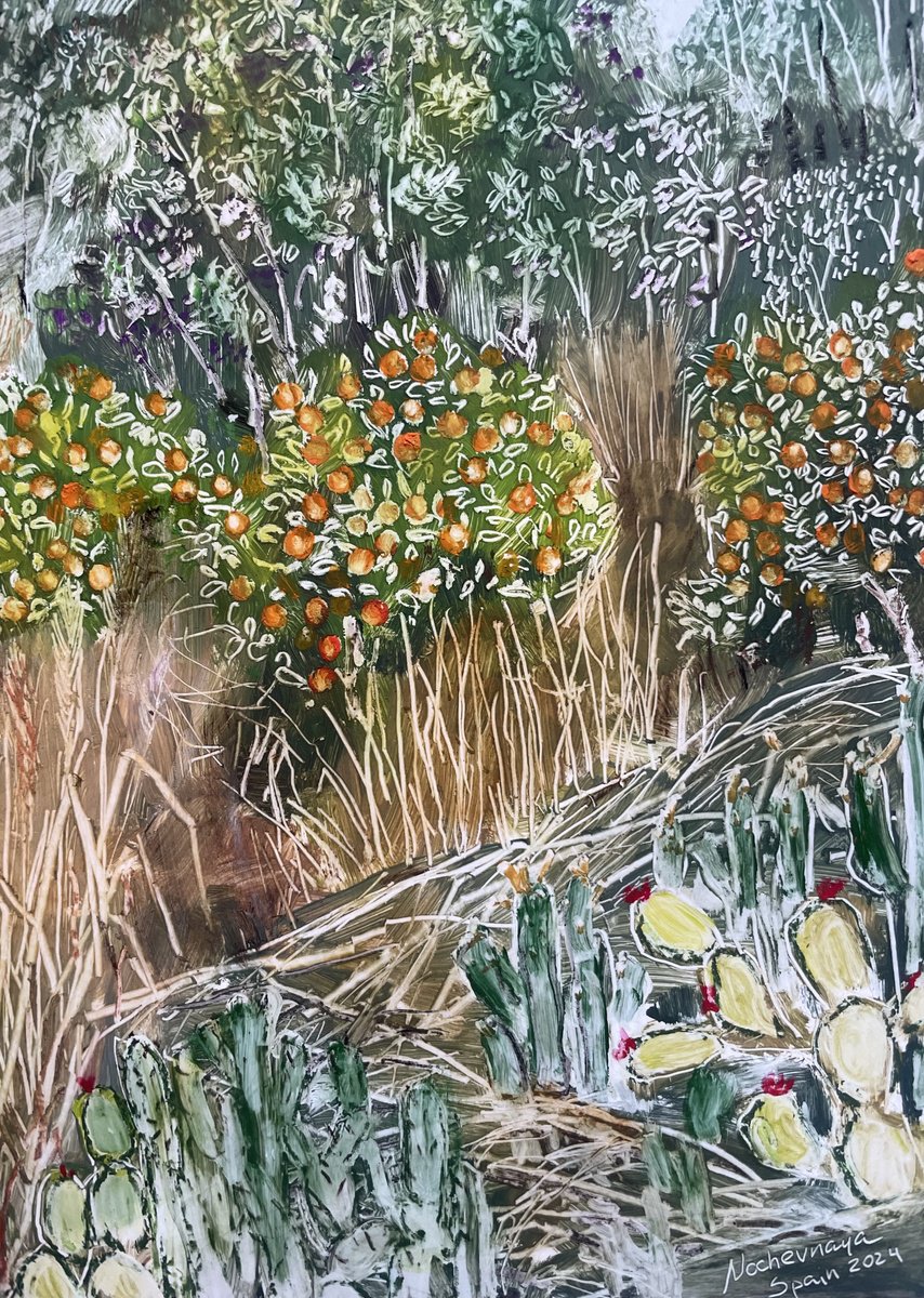 Naive Landscape Oil Painting By Maija Nochevnaya, 14 X 20", Vacation In Spain 04, Original Artwork