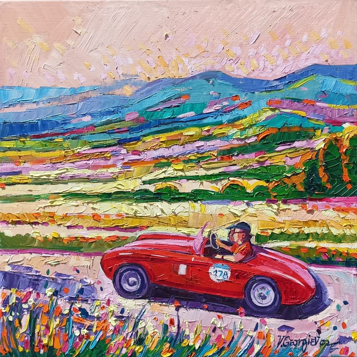 Expressive Landscape Oil Painting By Vanya Georgieva, 20 X 20", Mille Miglia 13 / On The Road, Original Artwork