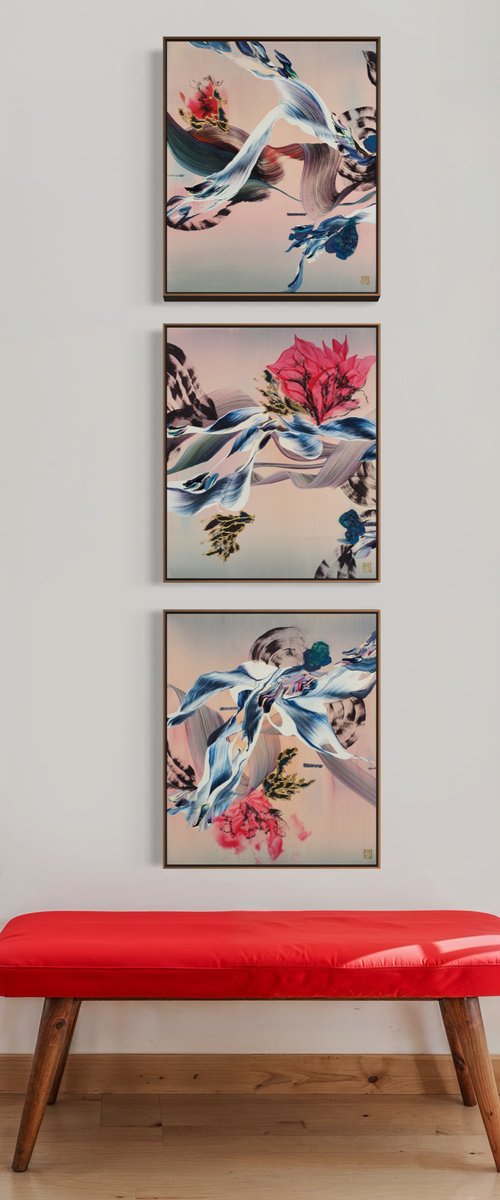 Indigo & Lotus Triptych by Novi Lim