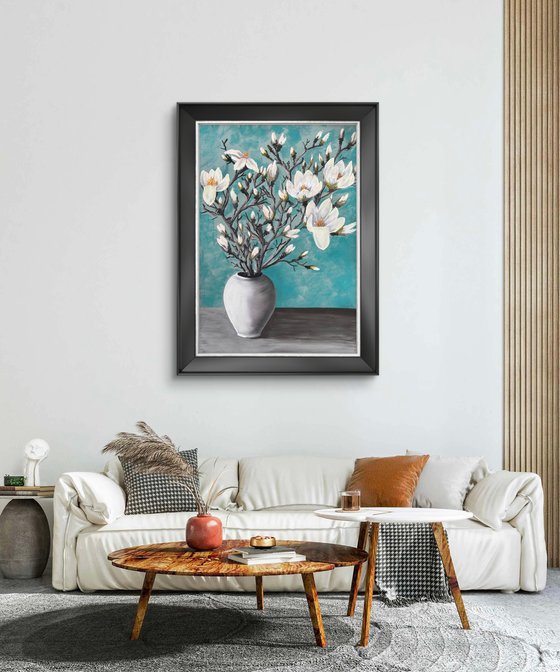 Big size White magnolia in vase