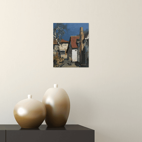 Original Oil Painting Wall Art Signed unframed Hand Made Jixiang Dong Canvas 25cm × 20cm Cityscape Go To Shop Figure House Small Impressionism Impasto