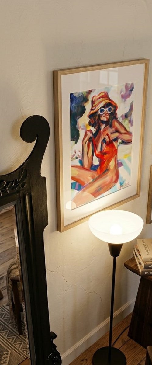 Girl in a red orange swimsuit and panama hat by Iryna Tymkul