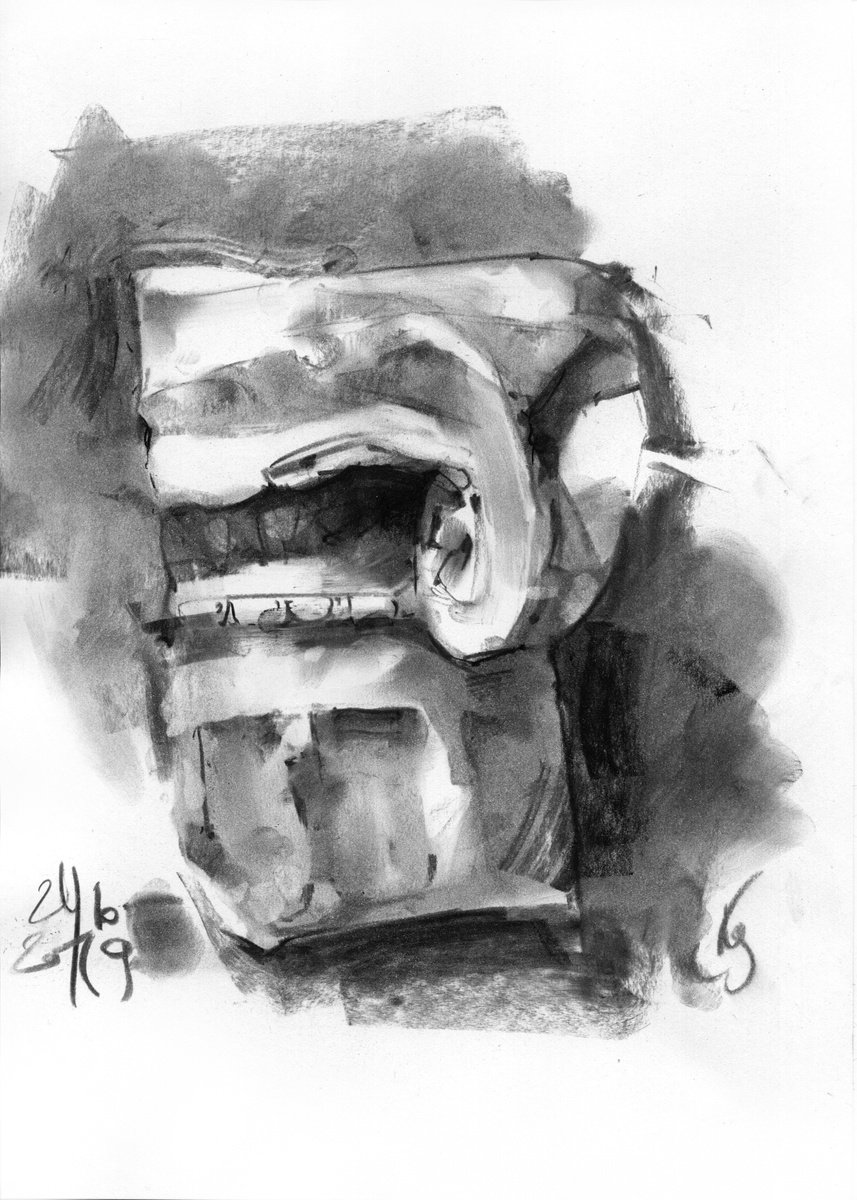 Impressionistic Cityscapes Charcoal Drawing By Ksenia Selianko, 8 X 12", "Antique Column Capital", Original Artwork