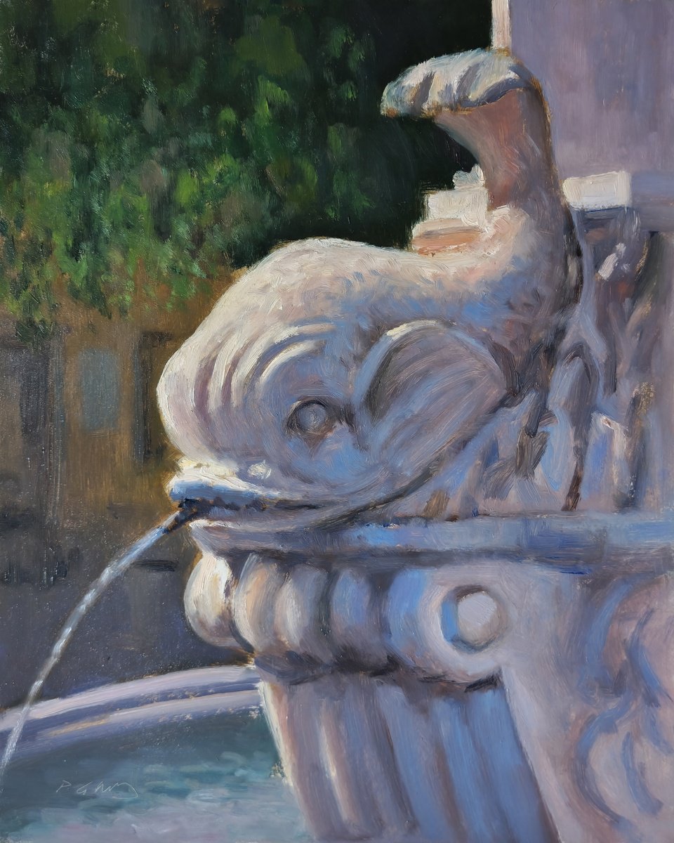 Impressionistic Cityscapes Oil Painting By Pascal Giroud, 9 X 12", Fountain In Aix En Provence, Original Artwork