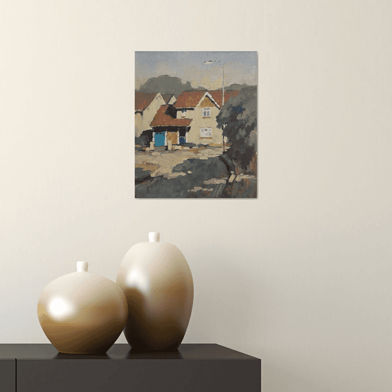 Original Oil Painting Wall Art Artwork Signed Hand Made Jixiang Dong Canvas 25cm × 30cm Nice Neighborhood small building Impressionism