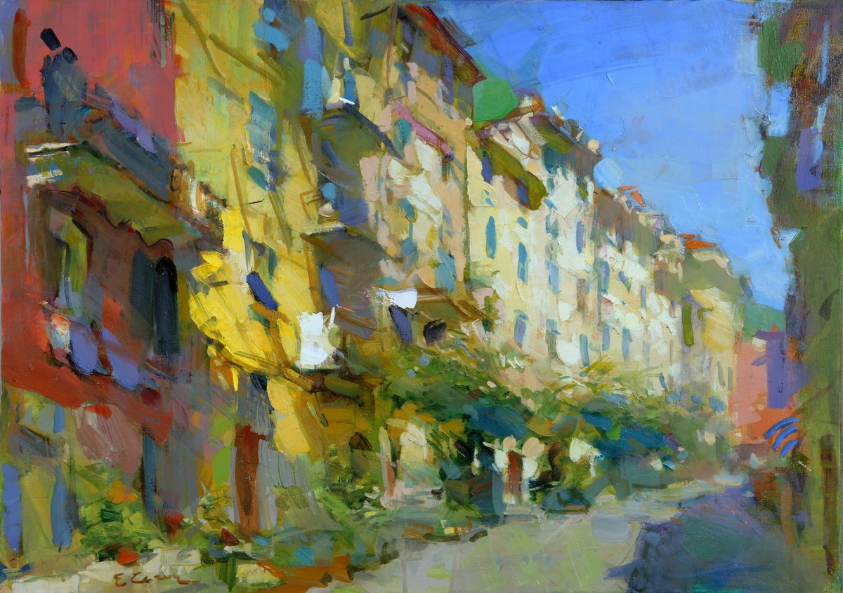 Impressionistic Cityscapes Oil Painting By Eugene Segal, 28 X 20, Street In Riomaggiore, Original Artwork