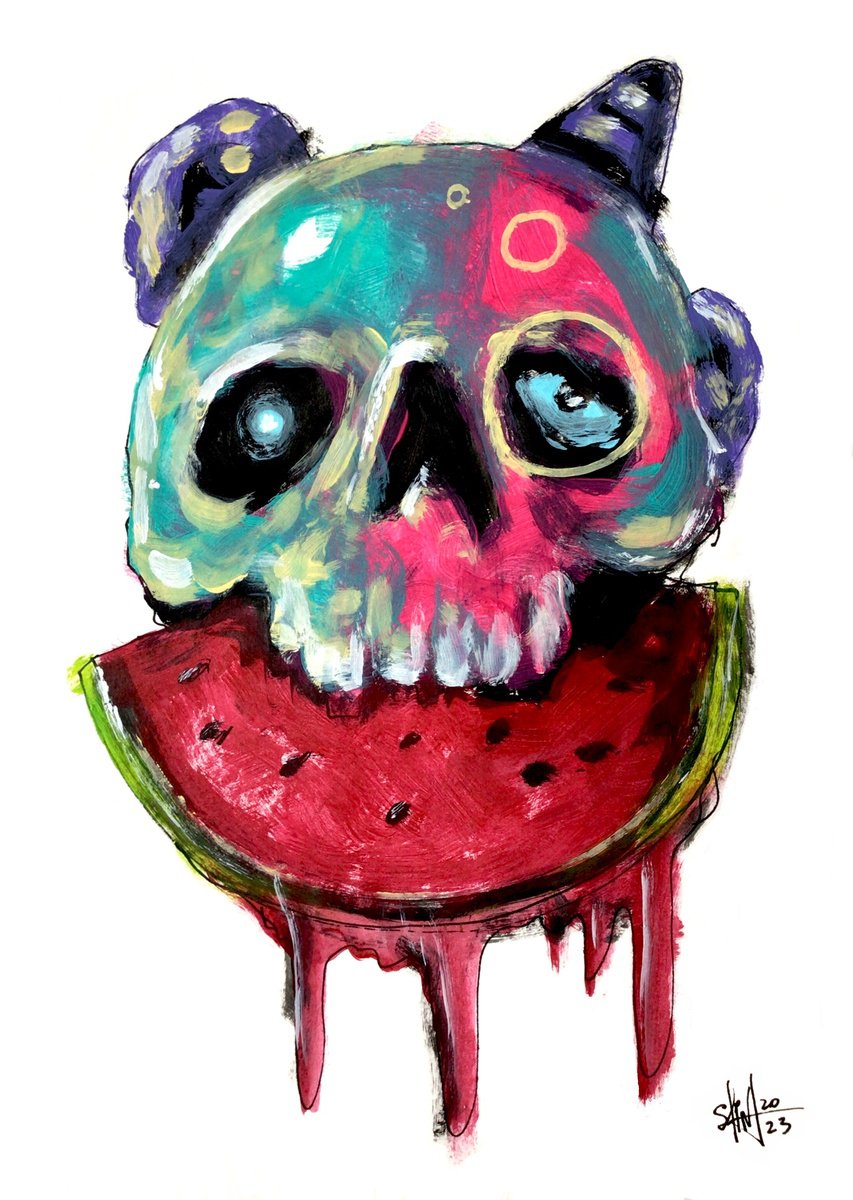 #115 Watermelon Zombie portrait painting original art, Horror Naive Outsider Folk Art Brut... by Ruslan Aksenov