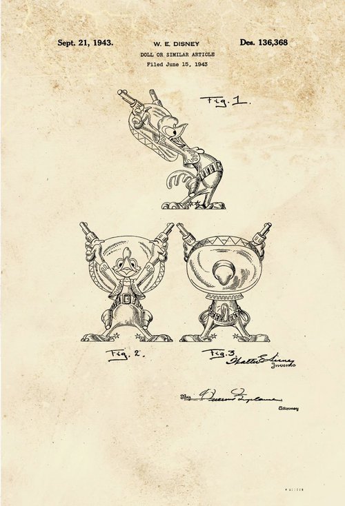 Disney Rooster character patent - sepia - circa 1943 by Marlene Watson