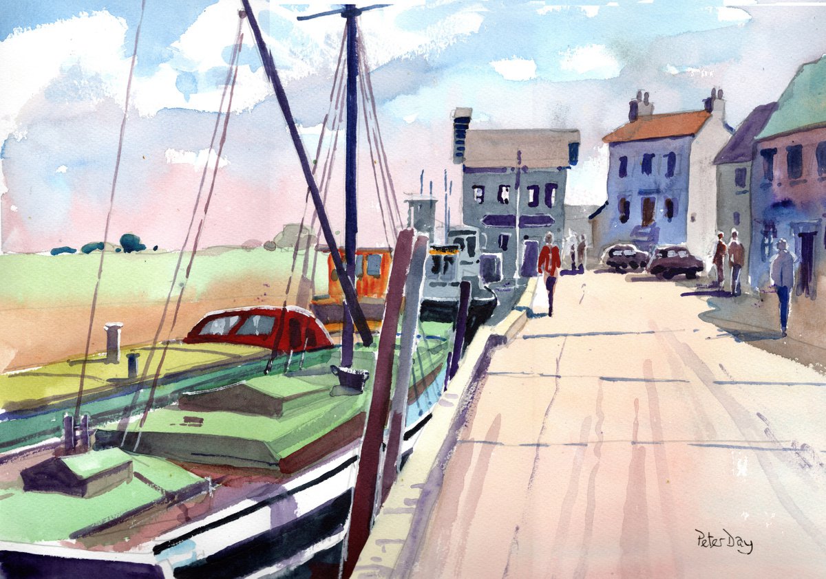 Impressionistic Landscape Watercolour By Peter Day, 17 X 13", Thames Barge, Henry., Original Artwork