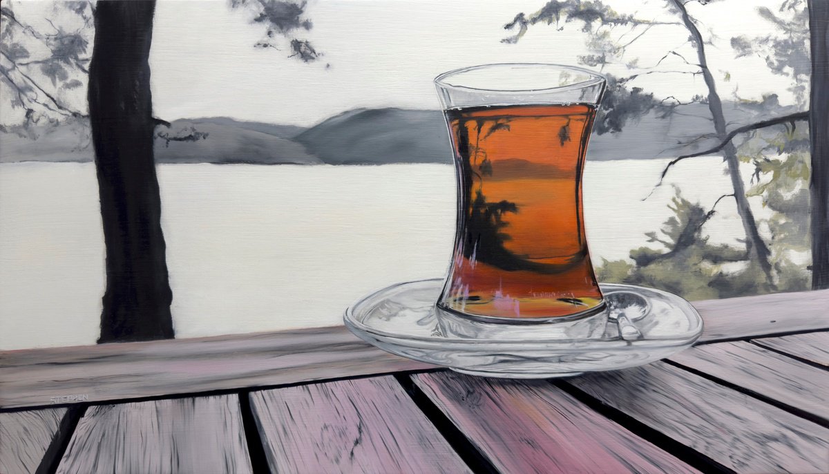 Photorealistic Landscape Oil Painting By Steven M. Curtis, 26 X 15", Tea By A Lake, Original Artwork