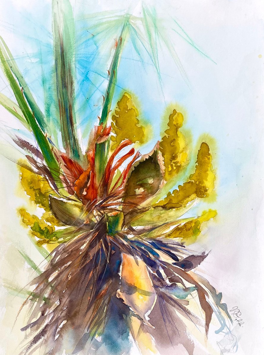 Impressionistic Botanical Watercolour By Natalia Galnbek, 14 X 19", Palm Blossom, Original Artwork