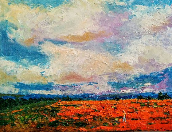 Hovering over the Marigolds, landscape oil painting