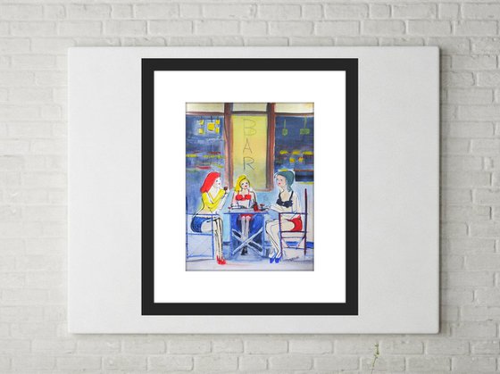 GIRLS RED WINE CAFE. Original Impressionistic Figurative Watercolour Painting.