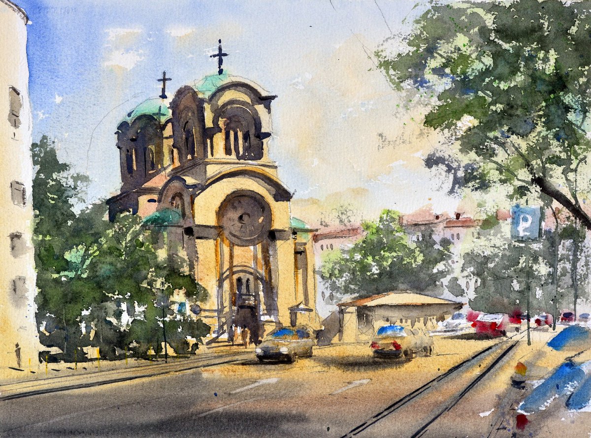 Aleksandar Nevski church Belgrade 25x35cm 2020 by Nenad Koji? watercolorist