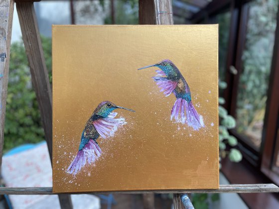 Two Hummingbirds on Gold