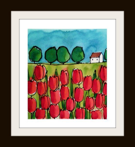White Cottage with Red Tulips