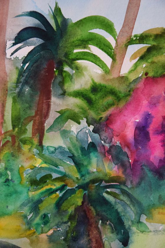 Spanish watercolor painting Tropical blossoming forest on Canary Islands