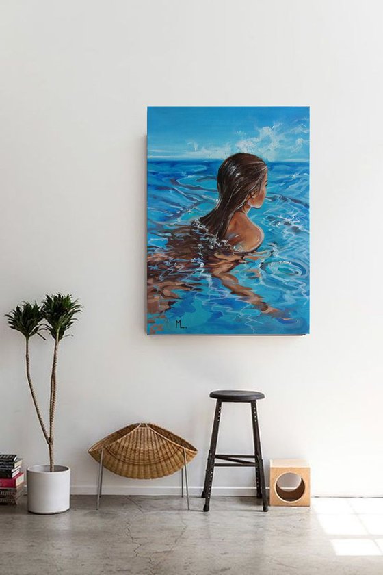 " SWIMMING IN BLUE " 50 x 70 cm SWIMMING POOL original painting  PARADISE GIFT MODERN URBAN ART OFFICE ART DECOR HOME DECOR GIFT IDEA