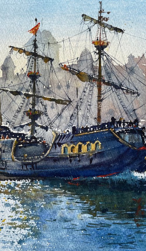 Old ship. Watercolor painting by Samira Yanushkova