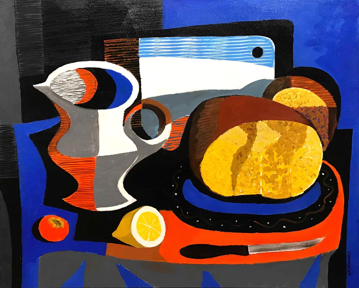 Organic Still Life Acrylic Painting By Vadim Vaskovsky, 30 X 24", Bread, Lemon, And Pomegranate, Original Artwork