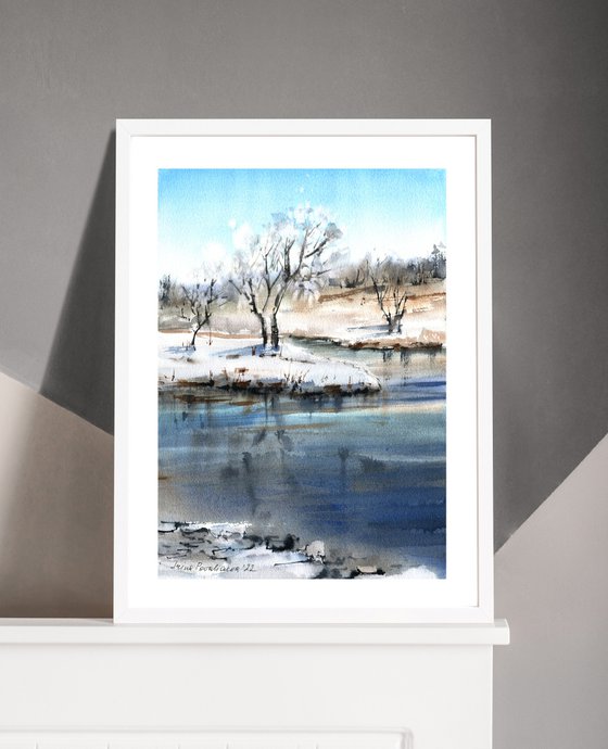 Winter river original watercolour landscape , blue sky forect painting, countryside artwork, gift idea