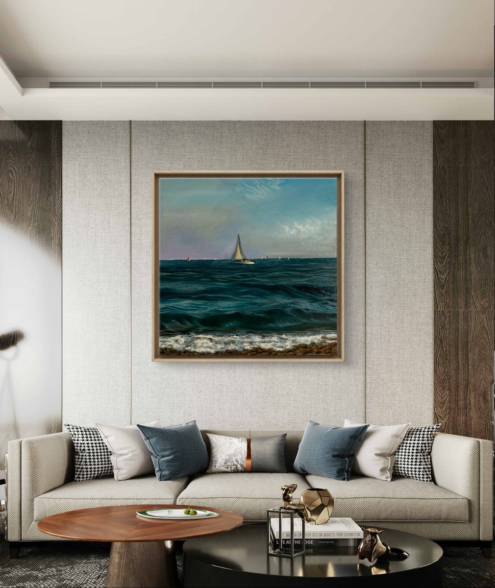 Photorealistic Landscape Oil Painting By Aisylu Burangulova, 35 X 35, Good Day For Sailing, Original Artwork
