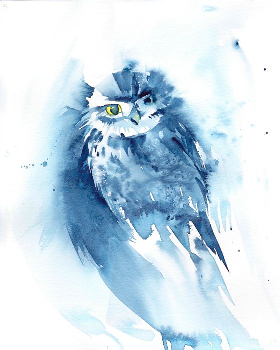Owl painting, Owl in watercolour, Original Watercolour Bird painting, Owl Art, Blue Art