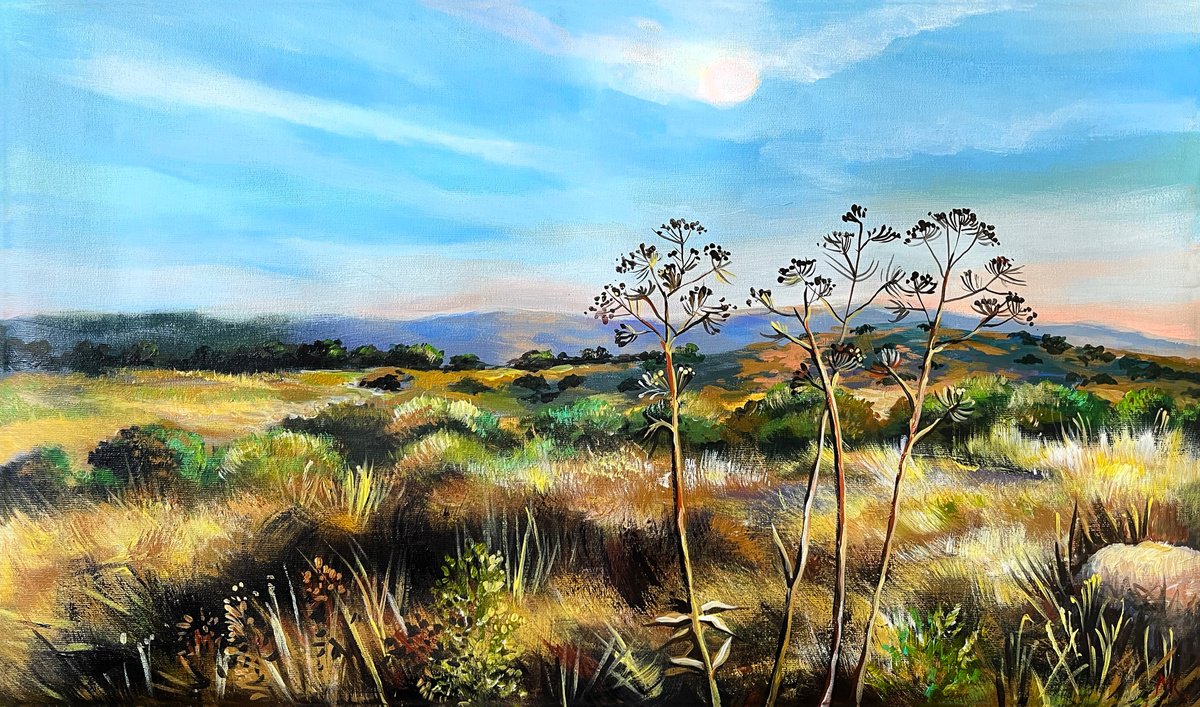 Impressionistic Landscape Acrylic Painting By Maria Kireev, 24 X 14", Valley In Lahish County, Original Artwork