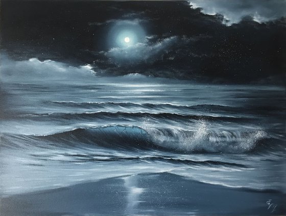 Moon Beam/ Full Moon over the Ocean Painting