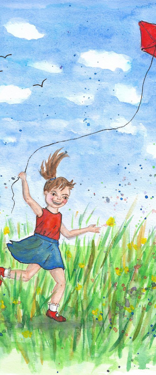 Little Girl Flying a Red Kite. by MARJANSART