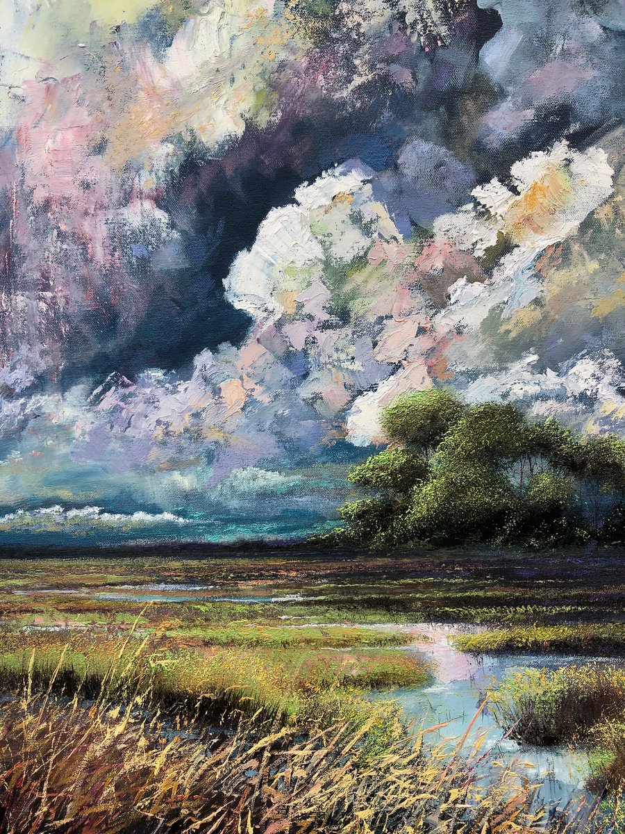 Impressionistic Landscape Oil Painting By Simon Jones, 24 X 31", East Marshland Storm, Original Artwork