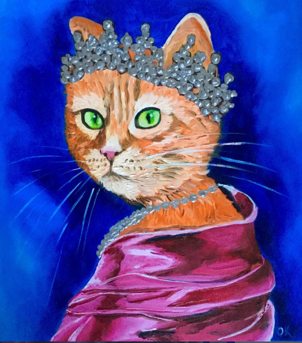 Expressive Animal Oil Painting By Olga Koval, 18 X 20", The Cat Queen, Original Artwork
