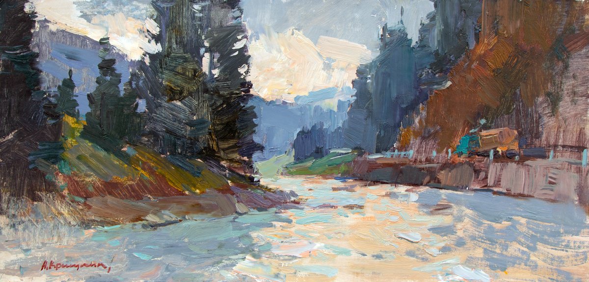 Impressionistic Landscape Oil Painting By Aleksandr Kryushyn, 23 X 10, River In The Carpathians, Original Artwork