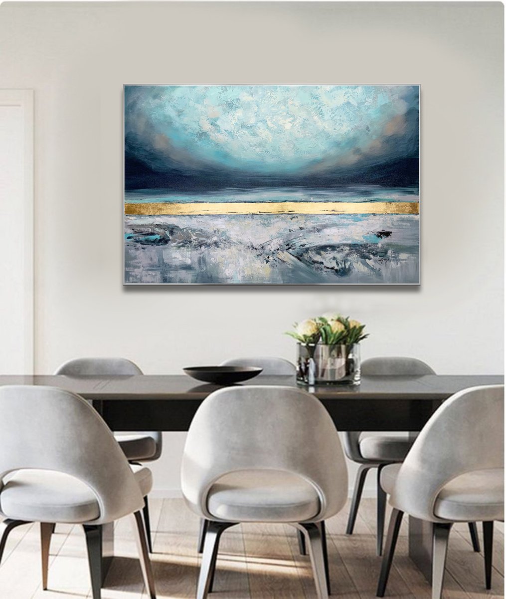 Perfection - Original Abstract Teal Blue Gold Large Painting, Living Room Art, Minimalist... by Lana Guise