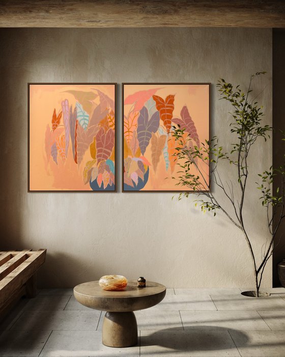 ‘Burnt Coral Alocasia and Begonia’ diptych