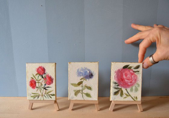 Set of 3 Mini Botanical Flower Oil Paintings
