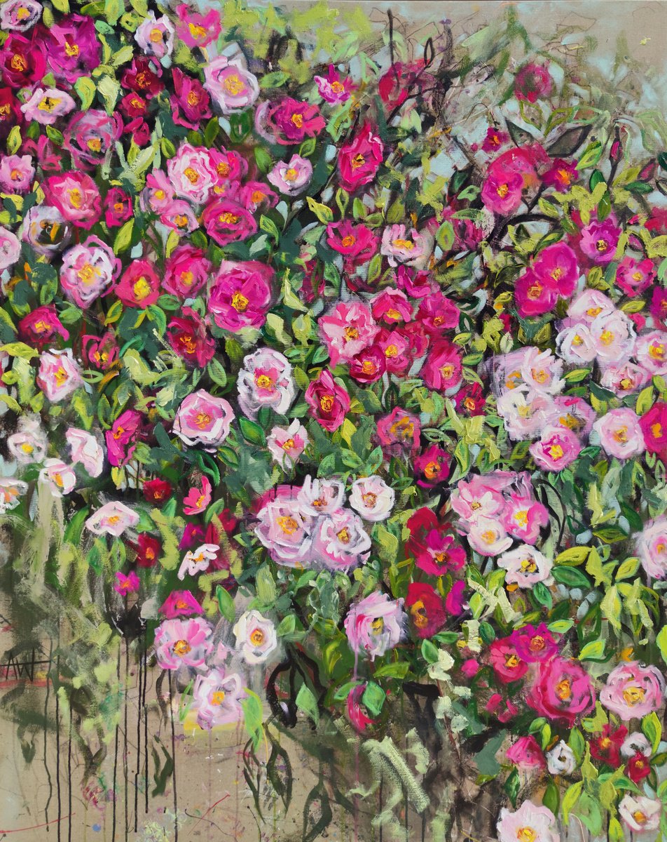 Expressive Botanical Oil Painting By Angie Wright, 47 X 59, Briar Rose Bush, Original Artwork