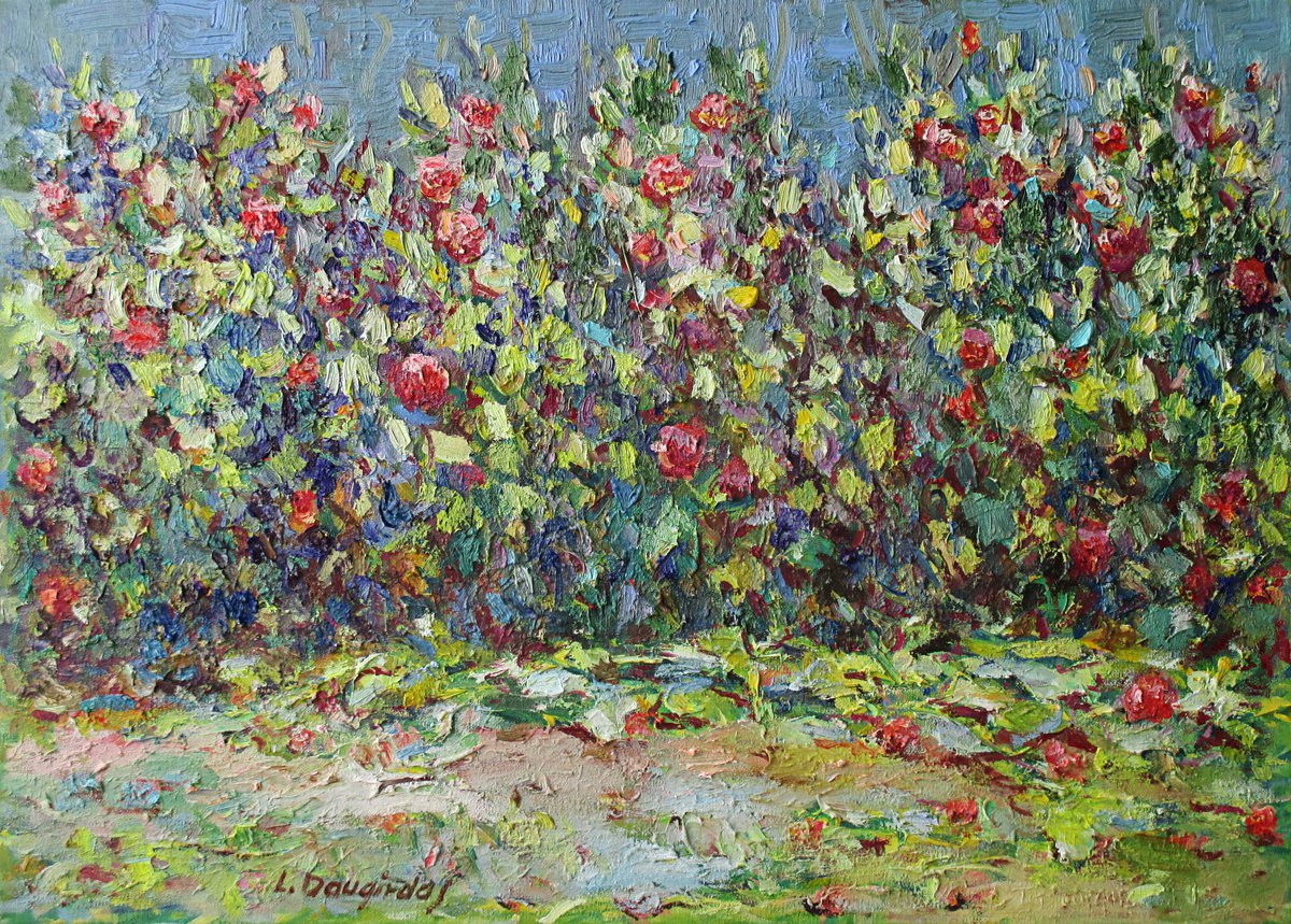 Impressionistic Landscape Oil Painting By Liudvikas Daugirdas, 31 X 24", Climbing Roses, Original Artwork