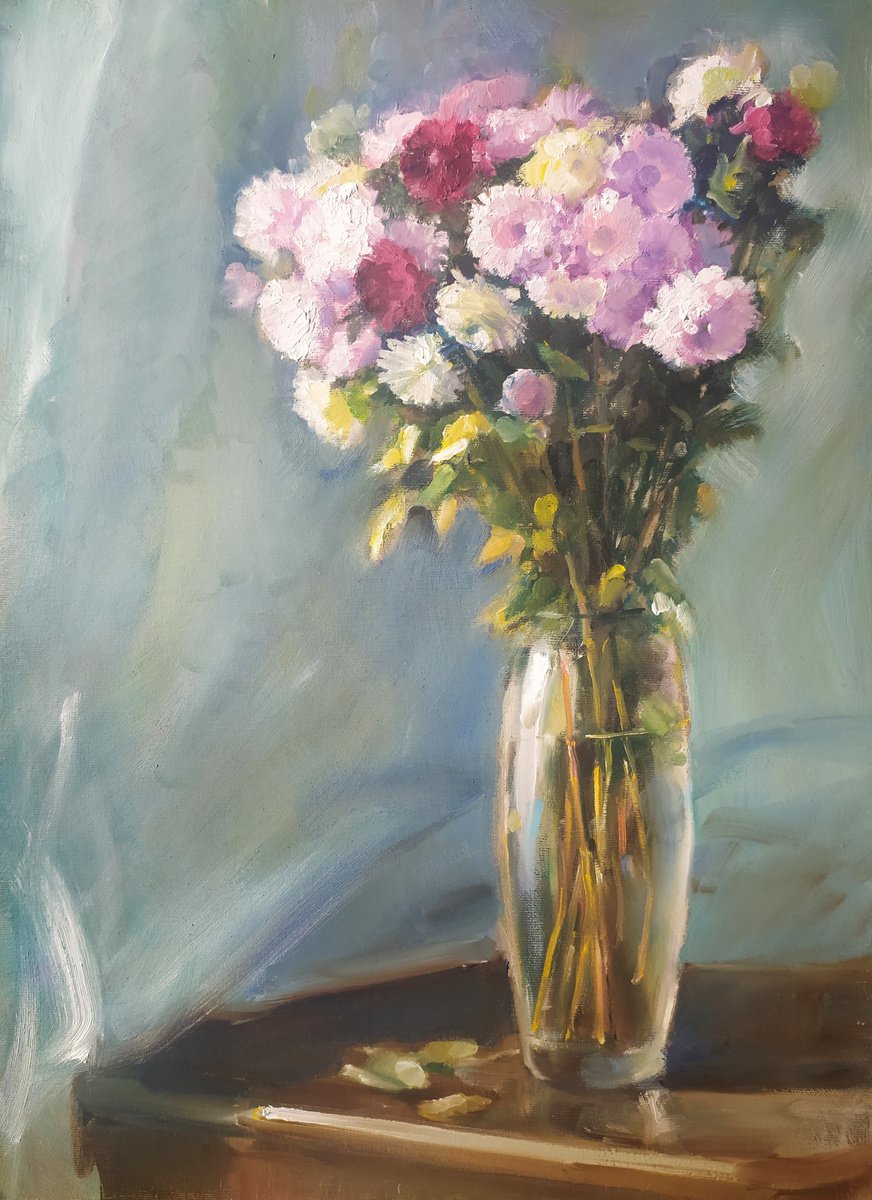 Impressionistic Still Life Oil Painting By Valentina Andrukhova, 16 X 22", Bouquet In A Vase, Original Artwork