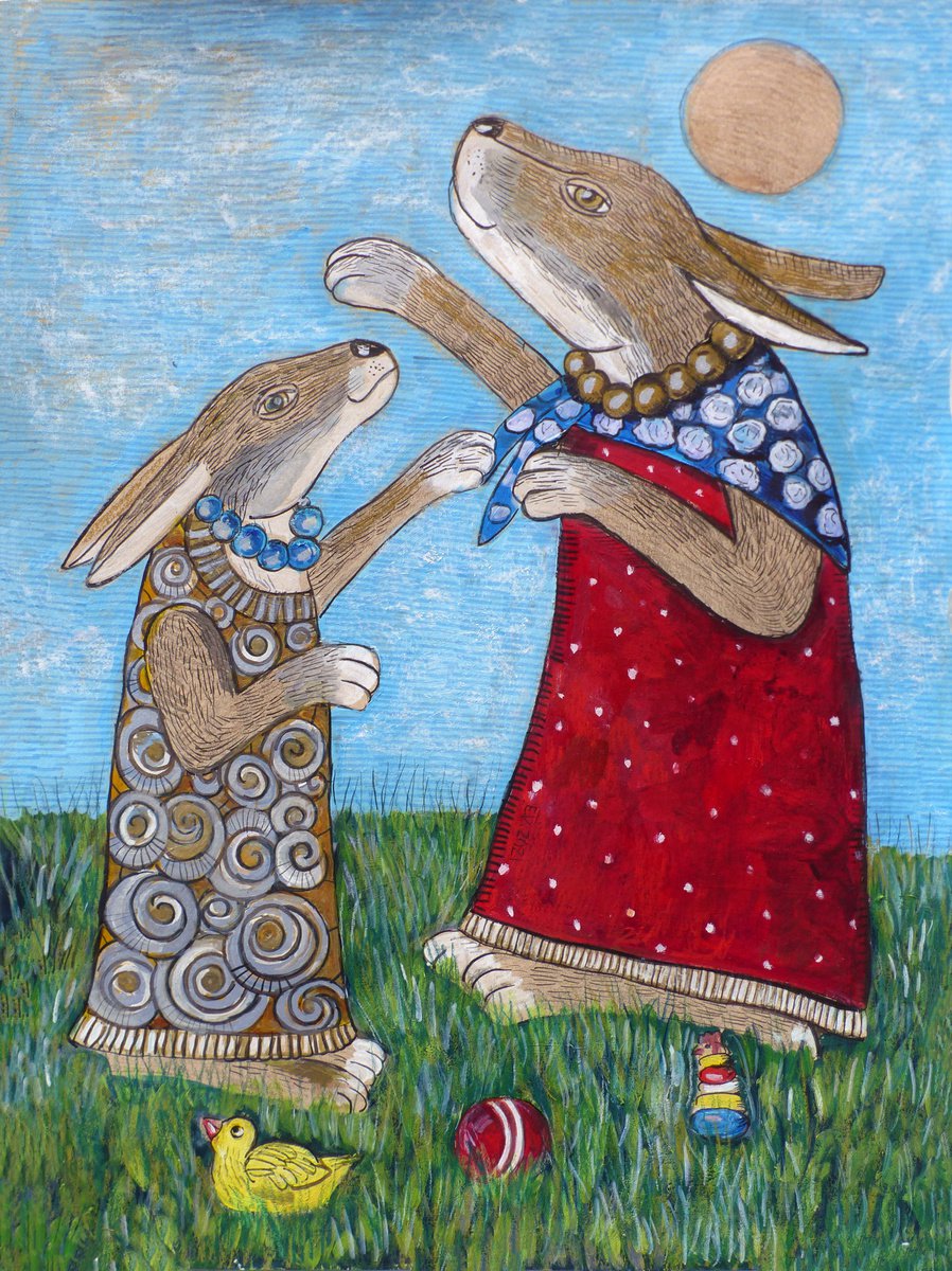 Naive Animal Painting By Elizabeth Vlasova, 18 X 24, Alors On Danse, Original Artwork