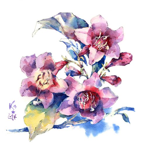 Decorative composition "Pink weigela flowers with leaves" - original watercolor work in square format by Ksenia Selianko