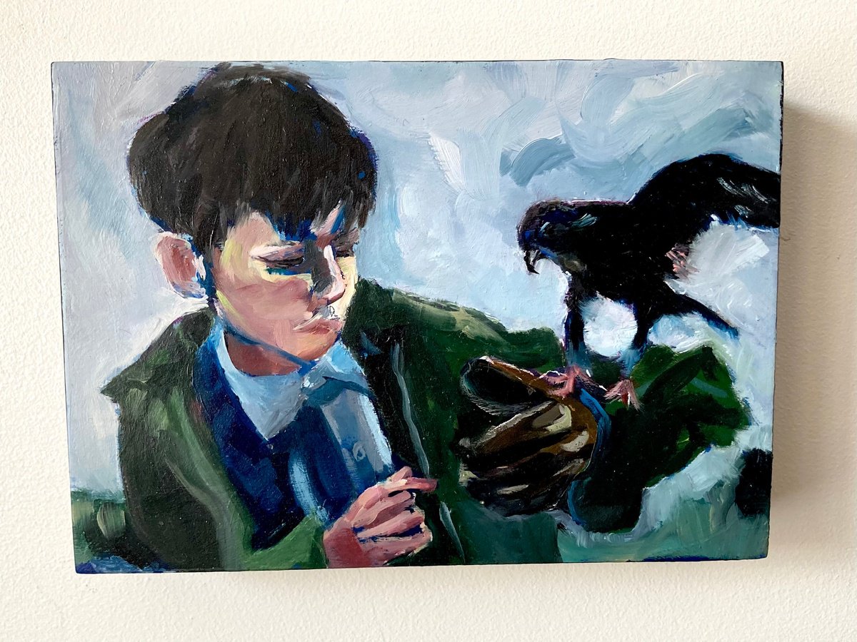 Expressive Portrait Oil Painting By Sarah Bale, 7 X 5", Boy And Bird, Original Artwork